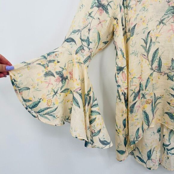 LC Lauren Conrad Size Medium Split Back Bell Sleeve Boho Floral Blouse Top - Picture 6 of 10